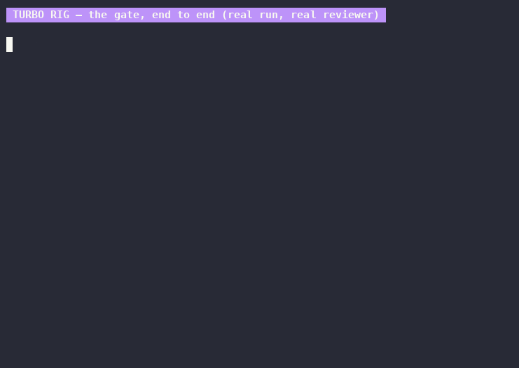 Turbo Rig — the full 85-second run: deterministic check catches the bug for $0, cross-family review catches what the test missed, APPROVED with full token accounting, then the live token dashboard.